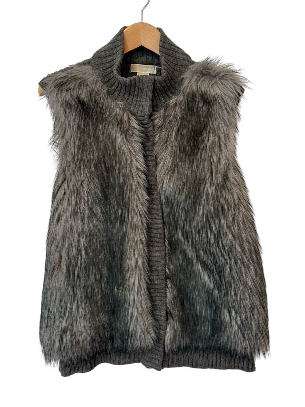 Michael Michael Kors Faux Coyote Fur Knit Vest Gray Plus Size 2X Snap Front